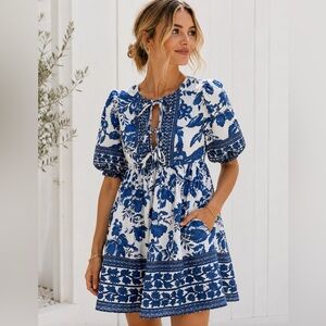 SHEIN Blue & White Floral Tie-Front Mini Dress- Size XS Cottagecore Coastal